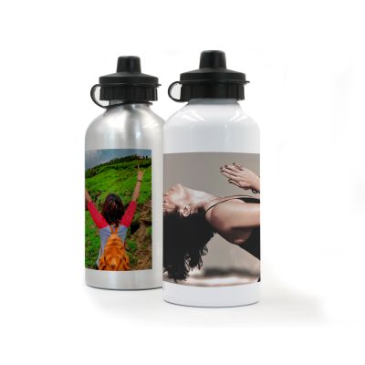 Gourde 500ml en aluminium personnalisee texte et photo blanc et argent